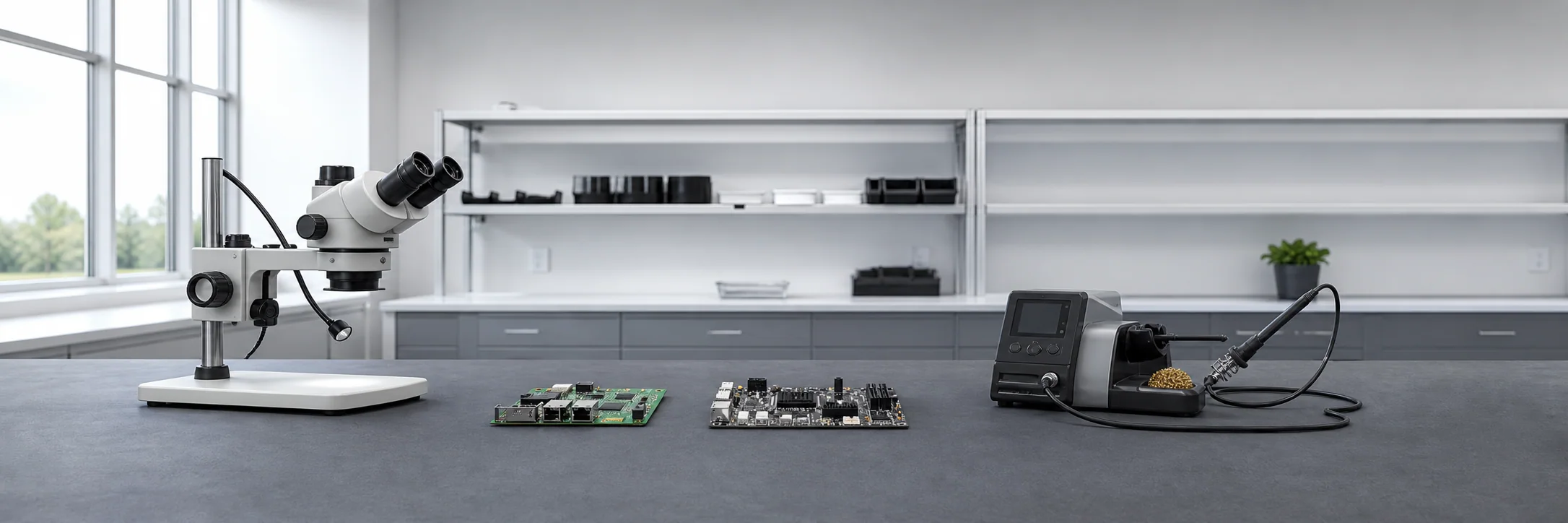 Banco di un laboratorio di elettronica contemporaneo, luminoso e ordinato